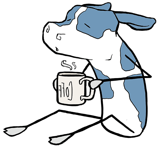 vaca de dibujos animados tomando café