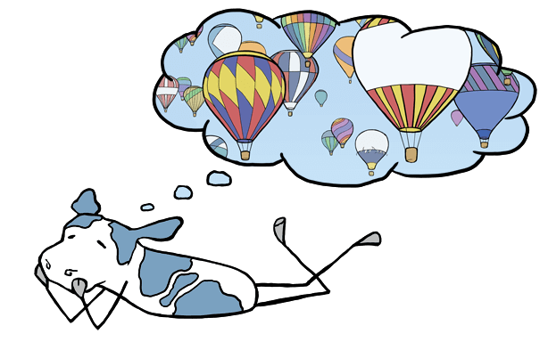 vaca de dibujos animados soñando despierto con globos