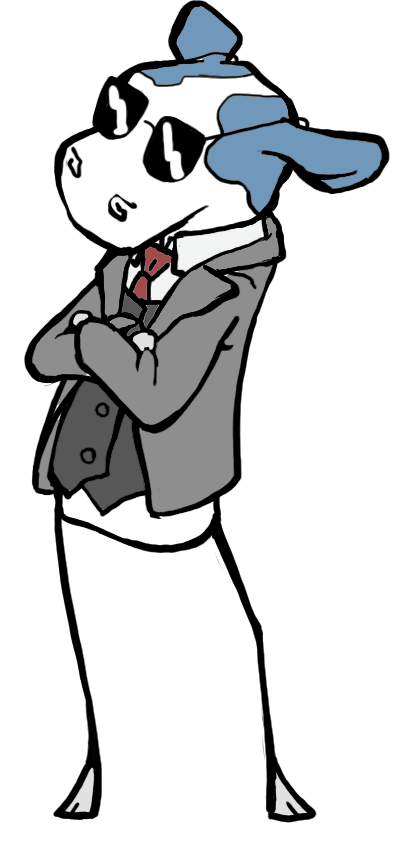cartoon cow in a gray suit and sunglasses
