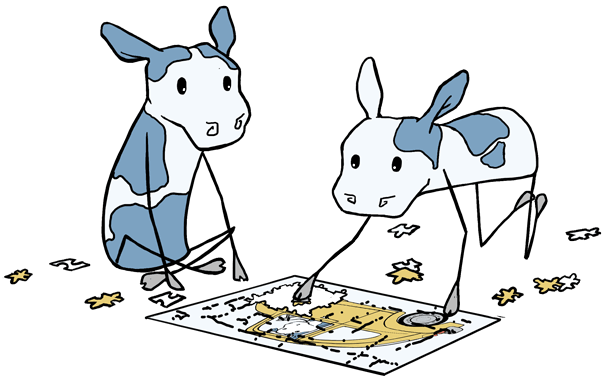 two cartoon cows doing a jigsaw puzzle