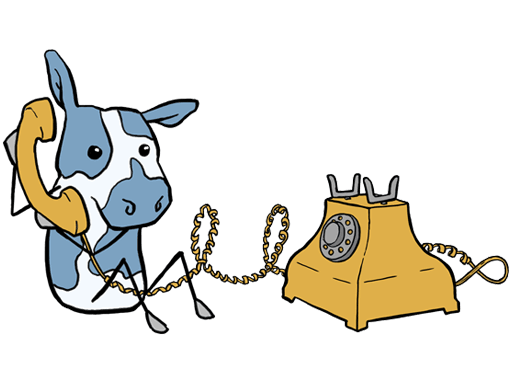 vaca de dibujos animados usando un teléfono retro