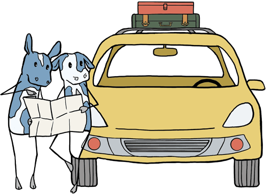 two cartoon cows checking a map outside a packed car
