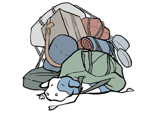 cartoon cow under a pile of baggage