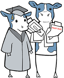 cartoon cow in a cap and gown with a parent holding bills