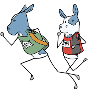 dos vacas de dibujos animados corriendo en un maratón