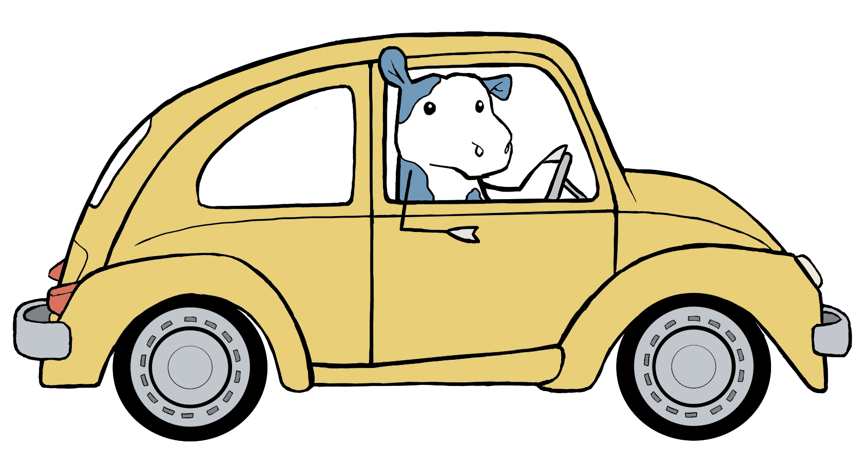 vaca de dibujos animados conduciendo un coche de época